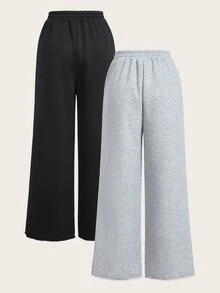 SHEIN EZwear 女款夏季新款純色休閒基礎款居家服上班居家穿鬆款運動長褲，兩件組黑色淺灰色 - 彩色 - 查看 2