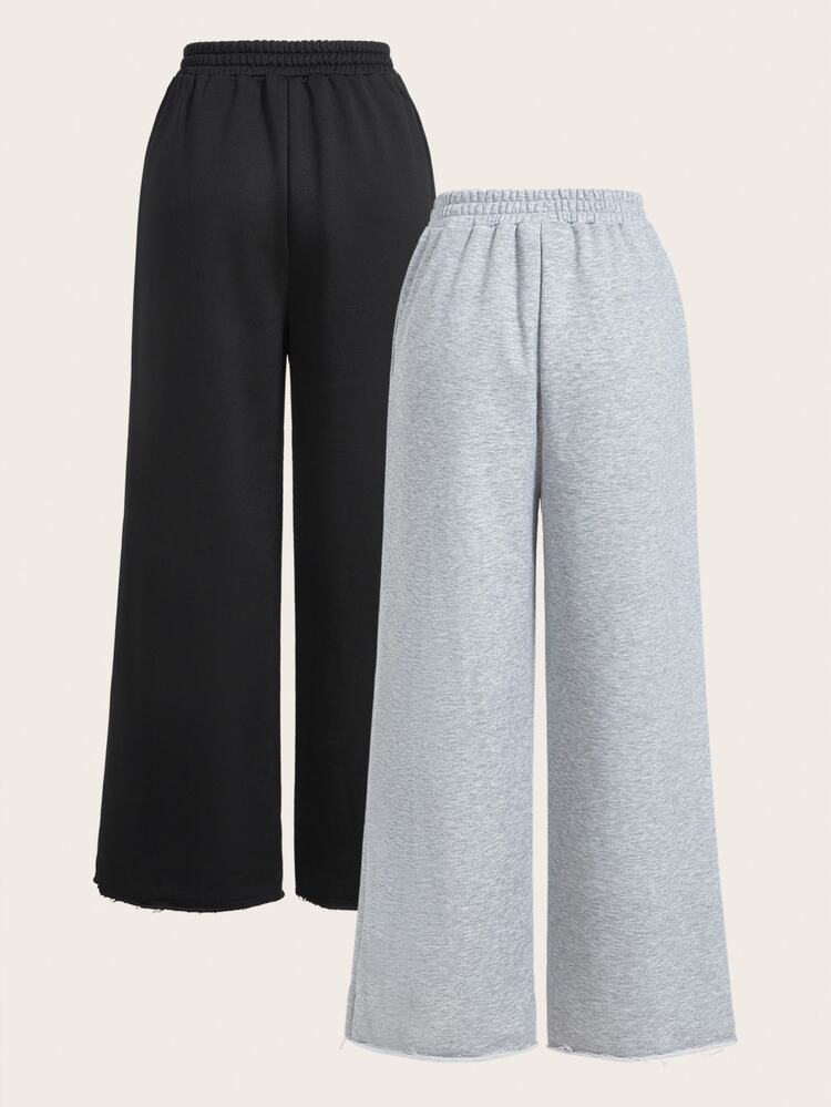 SHEIN EZwear Women's New Summer Solid Color Casual Daily Work Homewear Loose Sweatpants, Two-Piece Black Silver - Multicolor - View 2