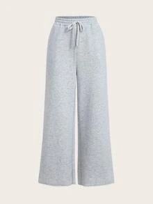 SHEIN EZwear 女款夏季新款純色休閒基礎款居家服上班居家穿鬆款運動長褲，兩件組黑色淺灰色 - 彩色 - 查看 4