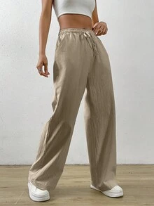 SHEIN EZwear 純色束口蝴蝶結腰長褲 - 駝色 - 查看 5