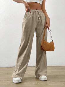 SHEIN EZwear 純色束口蝴蝶結腰長褲 - 駝色 - 查看 6