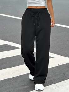 SHEIN EZwear 夏季家居運動黑色寬腿寬鬆運動長褲 - 黑色 - 查看 4