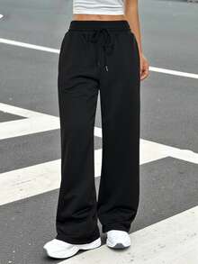 SHEIN EZwear 夏季家居運動黑色寬腿寬鬆運動長褲 - 黑色 - 查看 6