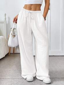 SHEIN EZwear 白色梭织女士休闲裤，适合夏季女士下装，工装裤 - 白色 - 查看 6