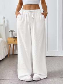 SHEIN EZwear 白色梭织女士休闲裤，适合夏季女士下装，工装裤 - 白色 - 查看 4