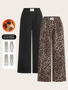 SHEIN EZwear 2件套女士新款黑色豹纹阔腿裤 - 彩色 - 查看 10