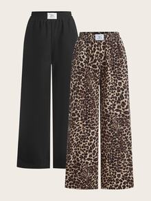 SHEIN EZwear 2件套女士新款黑色豹纹阔腿裤 - 彩色 - 查看 2