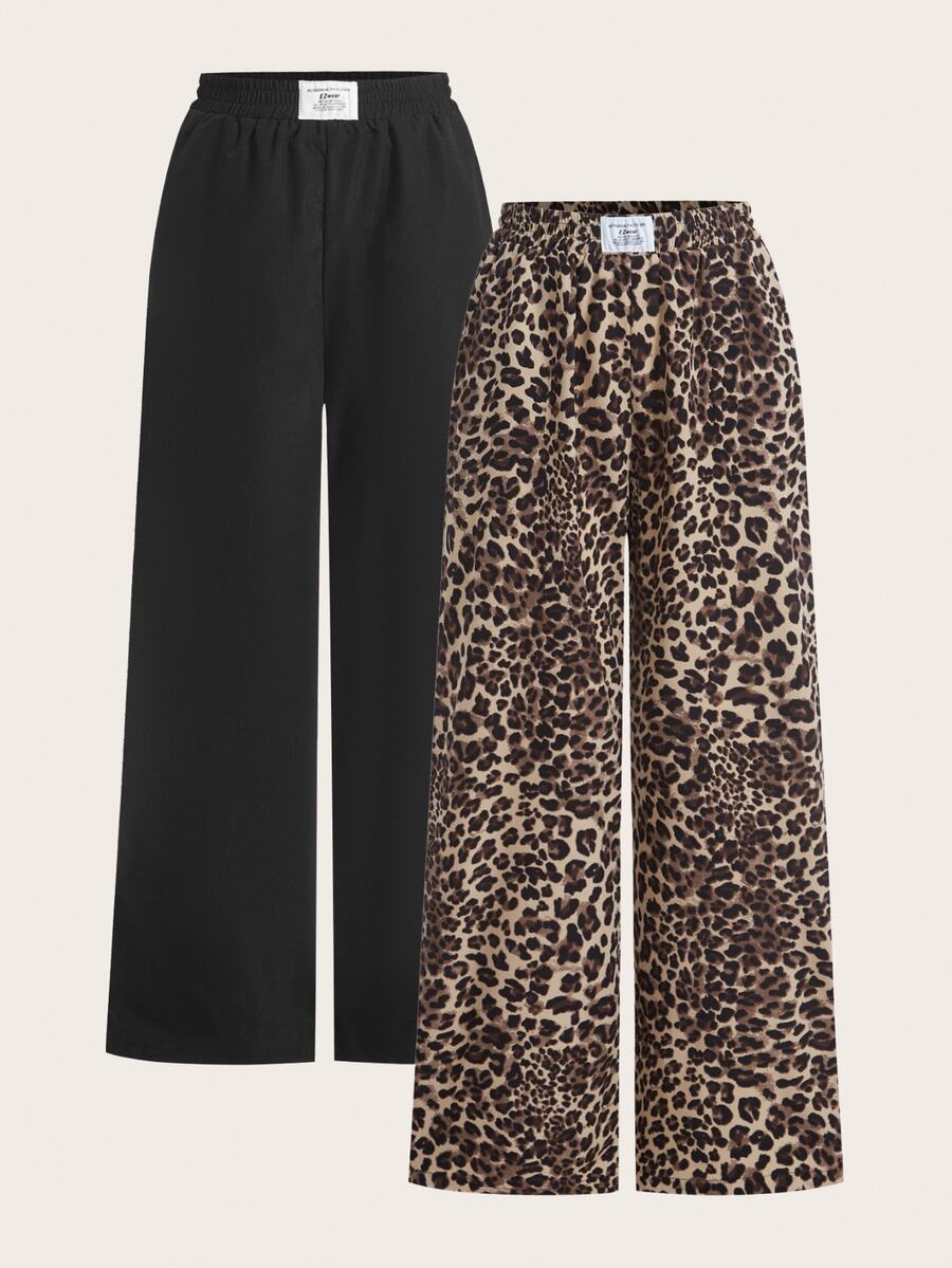SHEIN EZwear 2件套女士新款黑色豹纹阔腿裤