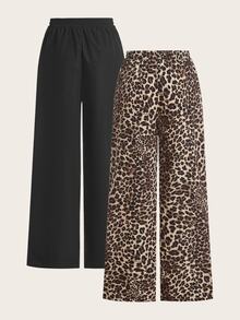 SHEIN EZwear 2件套女士新款黑色豹纹阔腿裤 - 彩色 - 查看 3
