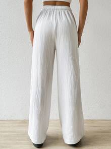 SHEIN EZwear Cotton  Loose Texture Wrinkle Fabric Drawstring Waist Long Pants - White - View 2