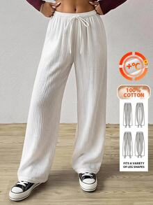 SHEIN EZwear Cotton  Loose Texture Wrinkle Fabric Drawstring Waist Long Pants - White - View 5