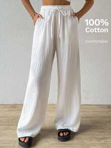 SHEIN EZwear Cotton  Loose Texture Wrinkle Fabric Drawstring Waist Long Pants - White - View 1