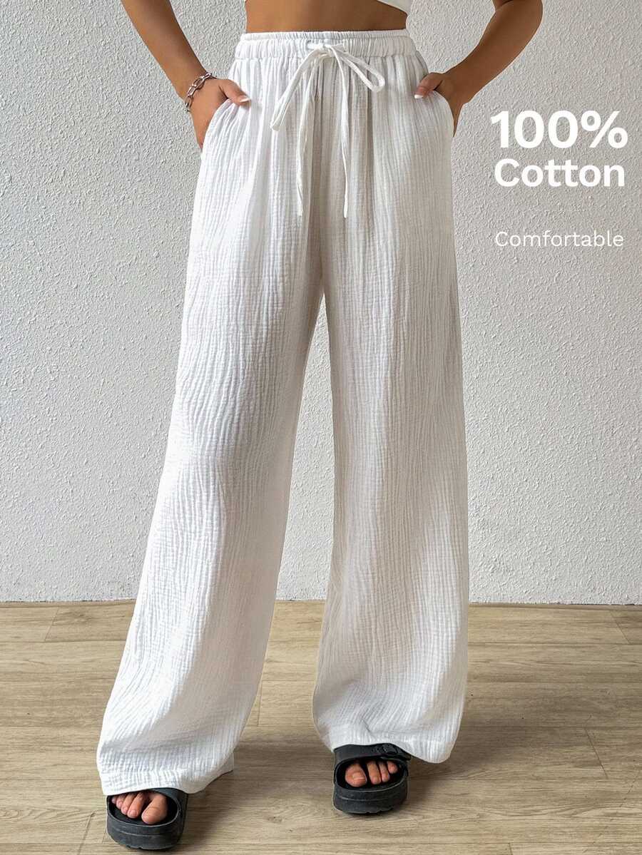 SHEIN EZwear Cotton Loose Texture Wrinkle Fabric Drawstring Waist Long Pants - White - View 1