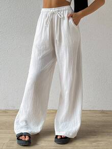 SHEIN EZwear Cotton  Loose Texture Wrinkle Fabric Drawstring Waist Long Pants - White - View 4