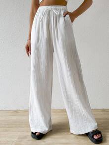 SHEIN EZwear Cotton  Loose Texture Wrinkle Fabric Drawstring Waist Long Pants - White - View 3