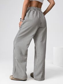 SHEIN EZwear 1 件女式条纹编织阔腿裤 - 黑與白 - 查看 2