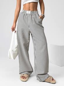 SHEIN EZwear 1 件女式条纹编织阔腿裤 - 黑與白 - 查看 4