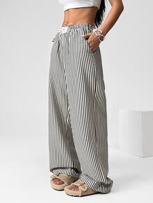SHEIN EZwear 1 件女式条纹编织阔腿裤 - 黑與白 - 查看 5