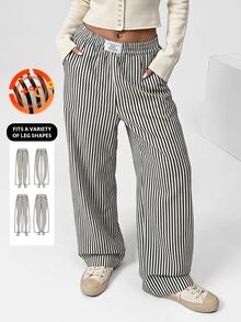 SHEIN EZwear 1 件女式条纹编织阔腿裤 - 黑與白 - 查看 7
