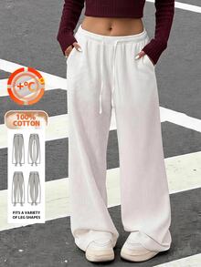 SHEIN EZwear 女式純色前扣蝴蝶結打褶休閒長褲，簡約百搭 - 白色 - 查看 6