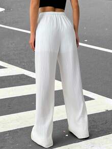 SHEIN EZwear 女式純色前扣蝴蝶結打褶休閒長褲，簡約百搭 - 白色 - 查看 2