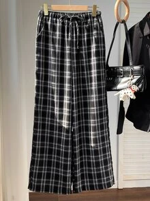 SHEIN EZwear 女式格子抽绳阔腿裤 - 黑色 - 查看 4