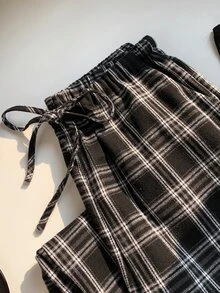 SHEIN EZwear 女式格子抽绳阔腿裤 - 黑色 - 查看 3