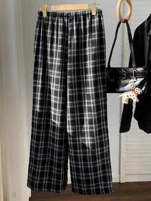 SHEIN EZwear 女式格子抽绳阔腿裤 - 黑色 - 查看 2