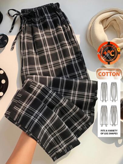 SHEIN EZwear 女式格子抽绳阔腿裤
