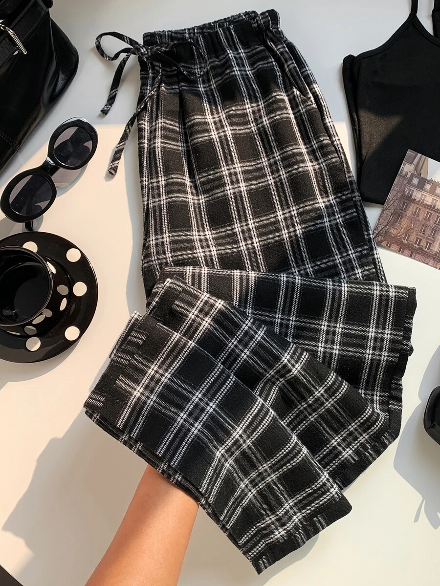 SHEIN EZwear 女式格子抽绳阔腿裤 - 黑色 - 查看 1