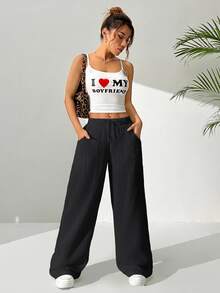 SHEIN EZwear Women's Solid Color Simple Daily Casual Long Pants - Black - View 5