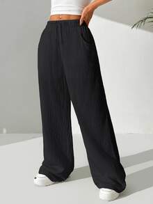 SHEIN EZwear Women's Solid Color Simple Daily Casual Long Pants - Black - View 7