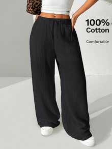 SHEIN EZwear Women's Solid Color Simple Daily Casual Long Pants - Black - View 8