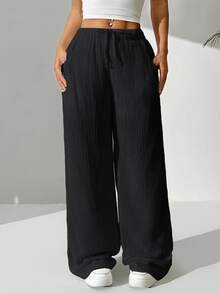 SHEIN EZwear Women's Solid Color Simple Daily Casual Long Pants - Black - View 6