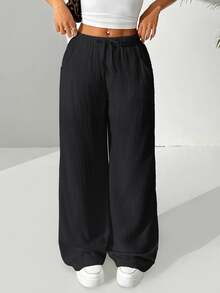 SHEIN EZwear Women's Solid Color Simple Daily Casual Long Pants - Black - View 4