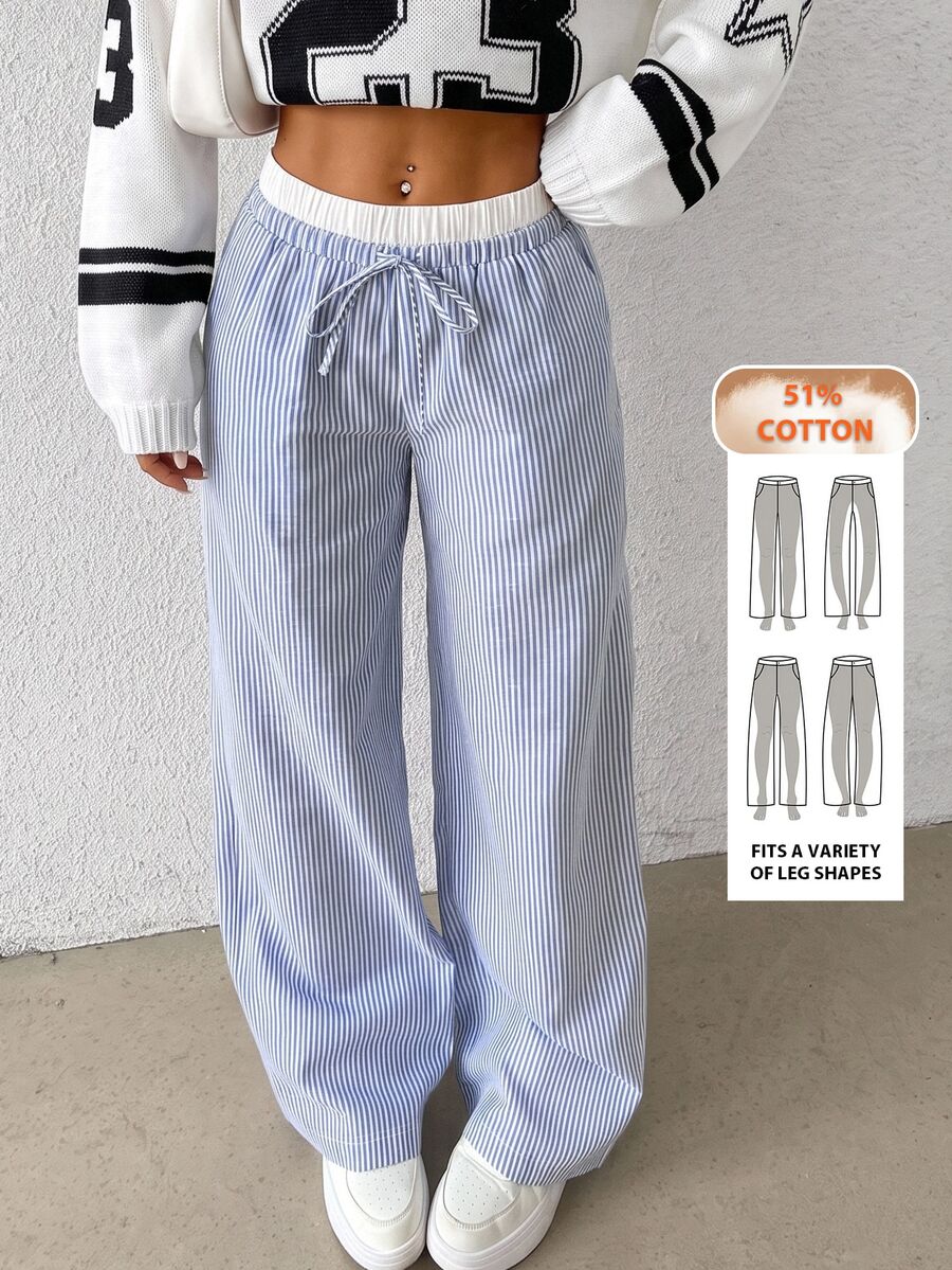 SHEIN EZwear 女款休閒藍色條紋梭織寬腿褲，寬鬆版型，藍白條紋