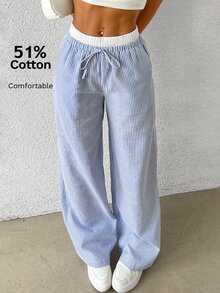 SHEIN EZwear 女款休閒藍色條紋梭織寬腿褲，寬鬆版型，藍白條紋 - 藍白色 - 查看 7