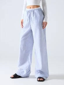 SHEIN EZwear 女款休閒藍色條紋梭織寬腿褲，寬鬆版型，藍白條紋 - 藍白色 - 查看 9