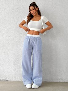 SHEIN EZwear 女款休閒藍色條紋梭織寬腿褲，寬鬆版型，藍白條紋 - 藍白色 - 查看 5