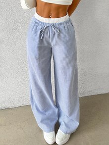 SHEIN EZwear 女款休閒藍色條紋梭織寬腿褲，寬鬆版型，藍白條紋 - 藍白色 - 查看 8