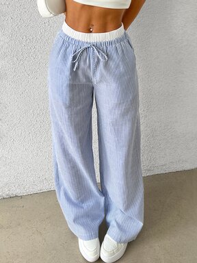 SHEIN EZwear Pantalones anchos de mujer casuales de tejido con rayas azules y blancas, corte holgado