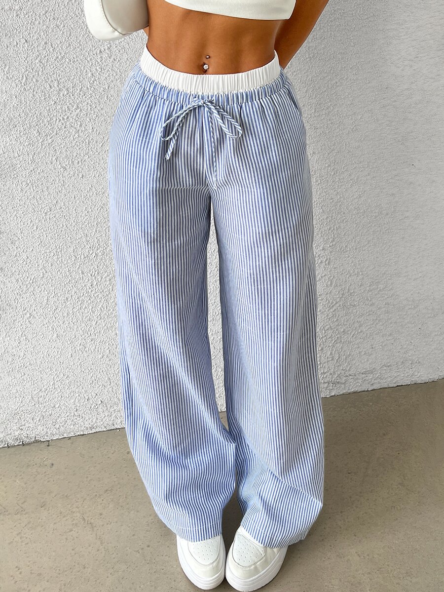 SHEIN EZwear 女款休閒藍色條紋梭織寬腿褲，寬鬆版型，藍白條紋