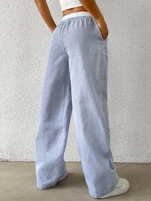 SHEIN EZwear 女款休閒藍色條紋梭織寬腿褲，寬鬆版型，藍白條紋 - 藍白色 - 查看 6