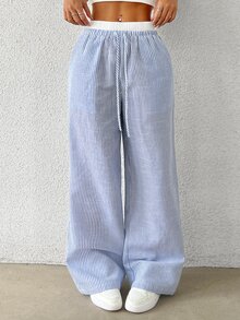 SHEIN EZwear 女款休閒藍色條紋梭織寬腿褲，寬鬆版型，藍白條紋 - 藍白色 - 查看 4