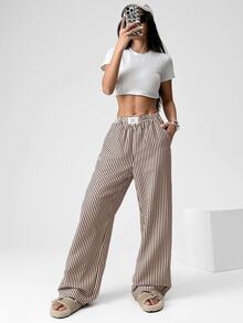 SHEIN EZwear 棕色条纹梭织休闲阔腿裤 - 棕色 - 查看 4
