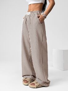SHEIN EZwear 棕色条纹梭织休闲阔腿裤 - 棕色 - 查看 6