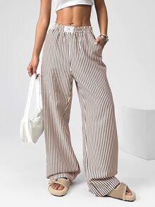 SHEIN EZwear 棕色条纹梭织休闲阔腿裤 - 棕色 - 查看 5