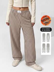 SHEIN EZwear 棕色条纹梭织休闲阔腿裤 - 棕色 - 查看 7