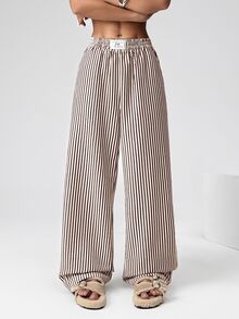 SHEIN EZwear 棕色条纹梭织休闲阔腿裤 - 棕色 - 查看 8