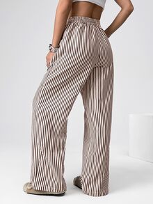 SHEIN EZwear 棕色条纹梭织休闲阔腿裤 - 棕色 - 查看 3